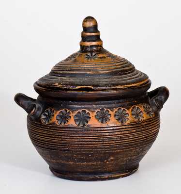 Unusual Redware Lidded Sugar Bowl with Stamped Decoration