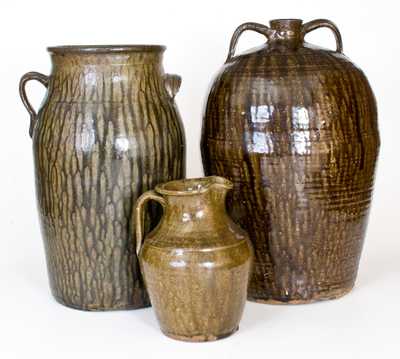 Lot of Three: Alkaline-Glazed Churn, Pitcher, and Double-Handled Jug, Catawba Valley, NC