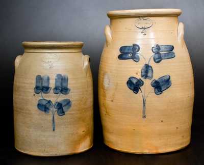 Lot of Two: BROWN BROTHERS / HUNTINGTON, L.I. Stoneware Churn and Jar w/ Similar Decorations