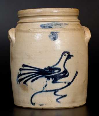 Two-Gallon WHITE S UTICA Stoneware Jar w/ Cobalt Bird Decoration