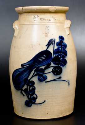 N.A. WHITE & SON, / UTICA, N.Y. Five-Gallon Stoneware Churn w/ Cobalt Paddletail Bird