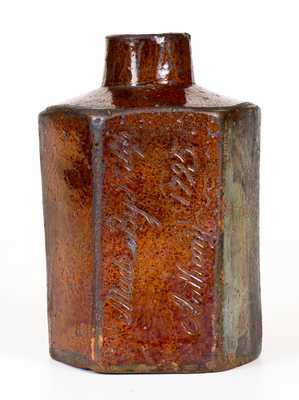 Mistress Harmitage / her Cannister / Made By Philip / Anthony 1795 Redware Tea Cannister, made by Bardstown, Kentucky, Potter Philip Anthony