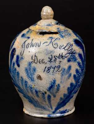 Fine and Rare Stoneware Christmas Day Presentation Bank, Remmey, Philadelphia, 1872
