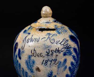 Fine and Rare Stoneware Christmas Day Presentation Bank, Remmey, Philadelphia, 1872