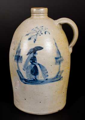 Stoneware Jug w/ Cobalt Woman and Parasol Decoration, attrib. David Greenland Thompson, Morgantown, WV