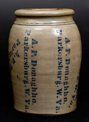 Very Unusual A. P. DONAGHHO / PARKERSBURG, W. VA Stoneware Jar w/ Profuse Maker s Stenciling