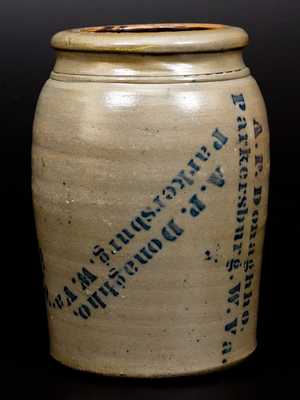 Very Unusual A. P. DONAGHHO / PARKERSBURG, W. VA Stoneware Jar w/ Profuse Maker's Stenciling