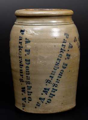 Very Unusual A. P. DONAGHHO / PARKERSBURG, W. VA Stoneware Jar w/ Profuse Maker s Stenciling