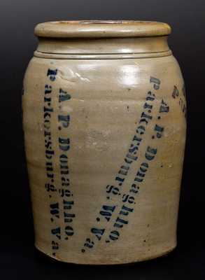 Very Unusual A. P. DONAGHHO / PARKERSBURG, W. VA Stoneware Jar w/ Profuse Maker's Stenciling