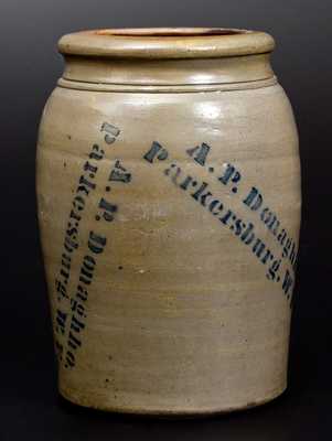 Very Unusual A. P. DONAGHHO / PARKERSBURG, W. VA Stoneware Jar w/ Profuse Maker's Stenciling