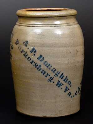 Very Unusual A. P. DONAGHHO / PARKERSBURG, W. VA Stoneware Jar w/ Profuse Maker's Stenciling
