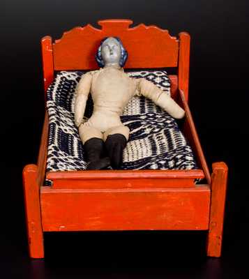 Very Rare Western PA Stoneware Doll's Head w/ Cloth Body and Miniature Wooden Bed