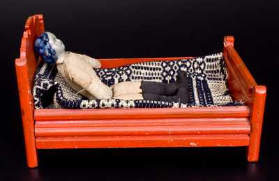Very Rare Western PA Stoneware Doll's Head w/ Cloth Body and Miniature Wooden Bed