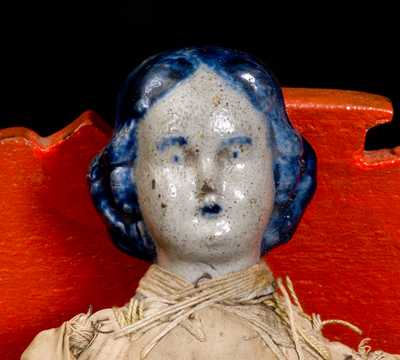 Very Rare Western PA Stoneware Doll's Head w/ Cloth Body and Miniature Wooden Bed