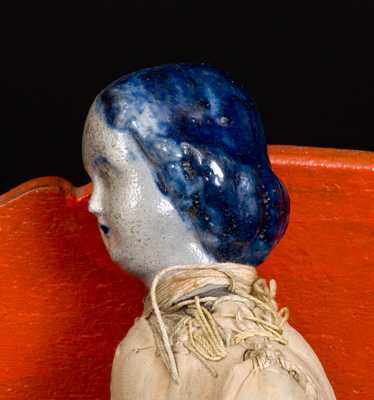 Very Rare Western PA Stoneware Doll's Head w/ Cloth Body and Miniature Wooden Bed