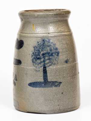 Possibly Unique NEW GENEVA POTTERY Stoneware Canning Jar w/ Cobalt Tree Decoration