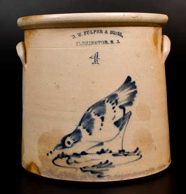 4 Gal. G. W. FULPER & BROS. / FLEMINGTON, NJ Stoneware Crock w/ Pecking Chicken Decoration