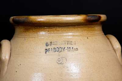 3 Gal. Stoneware Jar with Pecking Chicken Decoration and Impressed PEABODY, MASS Advertising