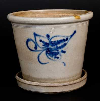 Unusual Stoneware Flowerpot with Cobalt Floral Decoration