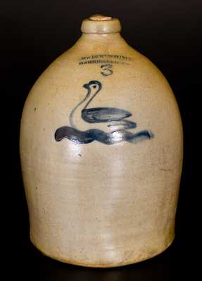 3 Gal. COWDEN & WILCOX / HARRISBURG, PA Stoneware Jug w/ Swan Decoration