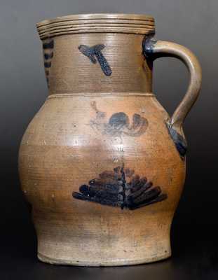 One-Gallon Stoneware Pitcher with Cobalt Floral Decoration, probably Pennsylvania origin