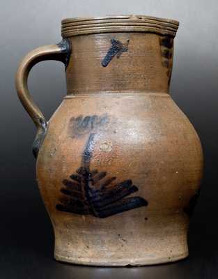 One-Gallon Stoneware Pitcher with Cobalt Floral Decoration, probably Pennsylvania origin