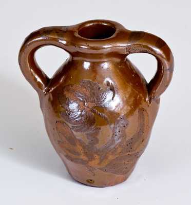 Unusual Miniature Albany Slip Stoneware Double-Handled Jug w/ Albany Slip Decoration