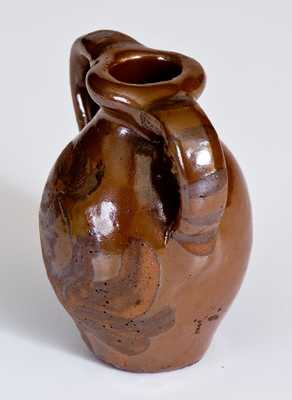 Unusual Miniature Albany Slip Stoneware Double-Handled Jug w/ Albany Slip Decoration