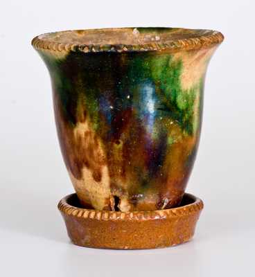 Shenandoah Valley Multi-Glazed Redware Flowerpot with Attached Saucer