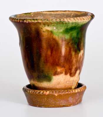 Shenandoah Valley Multi-Glazed Redware Flowerpot with Attached Saucer