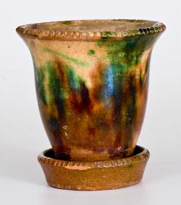 Shenandoah Valley Multi-Glazed Redware Flowerpot with Attached Saucer