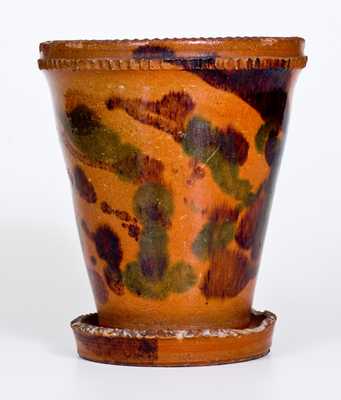 Shenandoah Valley Multi-Glazed Redware Flowerpot with Green and Brown Decoration