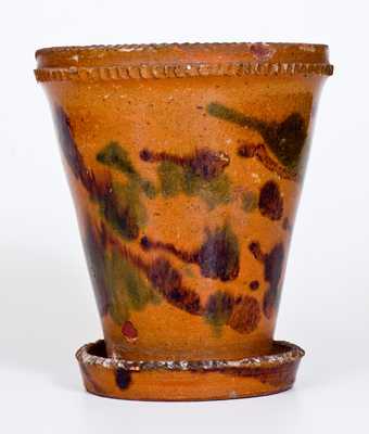 Shenandoah Valley Multi-Glazed Redware Flowerpot with Green and Brown Decoration