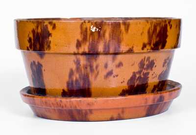 Unusual Large-Sized Redware Flowerpot and Saucer with Sponged Manganese Decoration