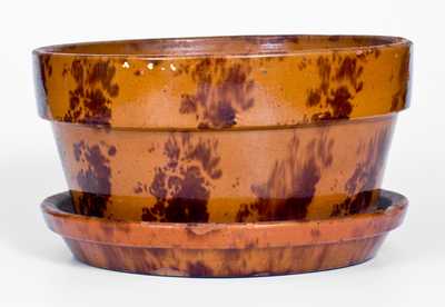Unusual Large-Sized Redware Flowerpot and Saucer with Sponged Manganese Decoration