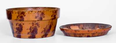 Unusual Large-Sized Redware Flowerpot and Saucer with Sponged Manganese Decoration