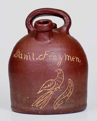 Unusual Ohio Stoneware Harvest Jug with Incised Bird Decoration Inscribed "Danil. Freymen."