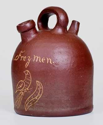 Unusual Ohio Stoneware Harvest Jug with Incised Bird Decoration Inscribed "Danil. Freymen."
