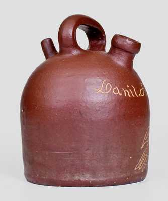 Unusual Ohio Stoneware Harvest Jug with Incised Bird Decoration Inscribed "Danil. Freymen."