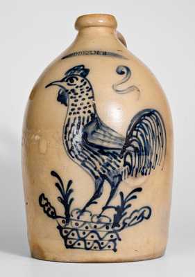 Outstanding 2 Gal. GEDDES, N.Y. Stoneware Jug w/ Elaborate Rooster Decoration