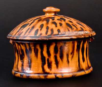 Redware Lidded Butter Crock Profuse Manganese Decoration