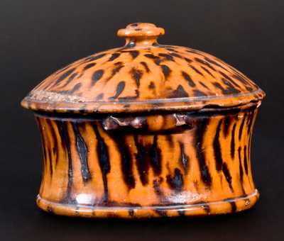 Redware Lidded Butter Crock Profuse Manganese Decoration