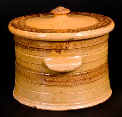 Rare Large-Sized J. BELL Redware Lidded Cake Crock w/ Sponged Manganese Decoration