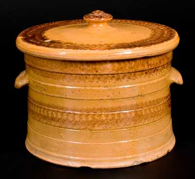 Rare Large-Sized J. BELL Redware Lidded Cake Crock w/ Sponged Manganese Decoration