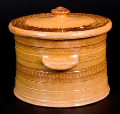 Rare Large-Sized J. BELL Redware Lidded Cake Crock w/ Sponged Manganese Decoration