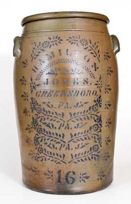 16 Gal. HAMILTON & JONES / GREENSBORO, PA Stoneware Jar w/ Profuse Stenciled Decoration