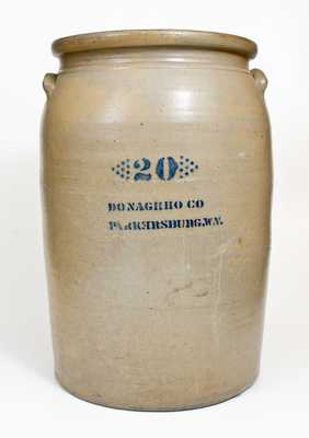 Rare 20 Gal. A. P. DONAGHHO CO / PARKERSBURG, W. Va. Stoneware Jar w/ Reversed 