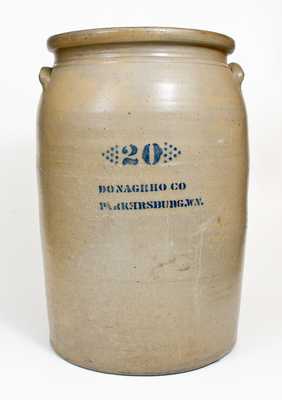Rare 20 Gal. A. P. DONAGHHO CO / PARKERSBURG, W. Va. Stoneware Jar w/ Reversed