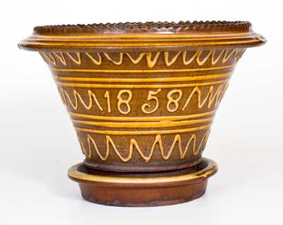 English Redware Flowerpot with Profuse Slip Decoration Dated 1858