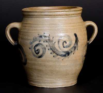 Very Fine 1/2 Gal. Stoneware Watchspring Jar, att. Abraham Mead, Greenwich, CT, late 18th century